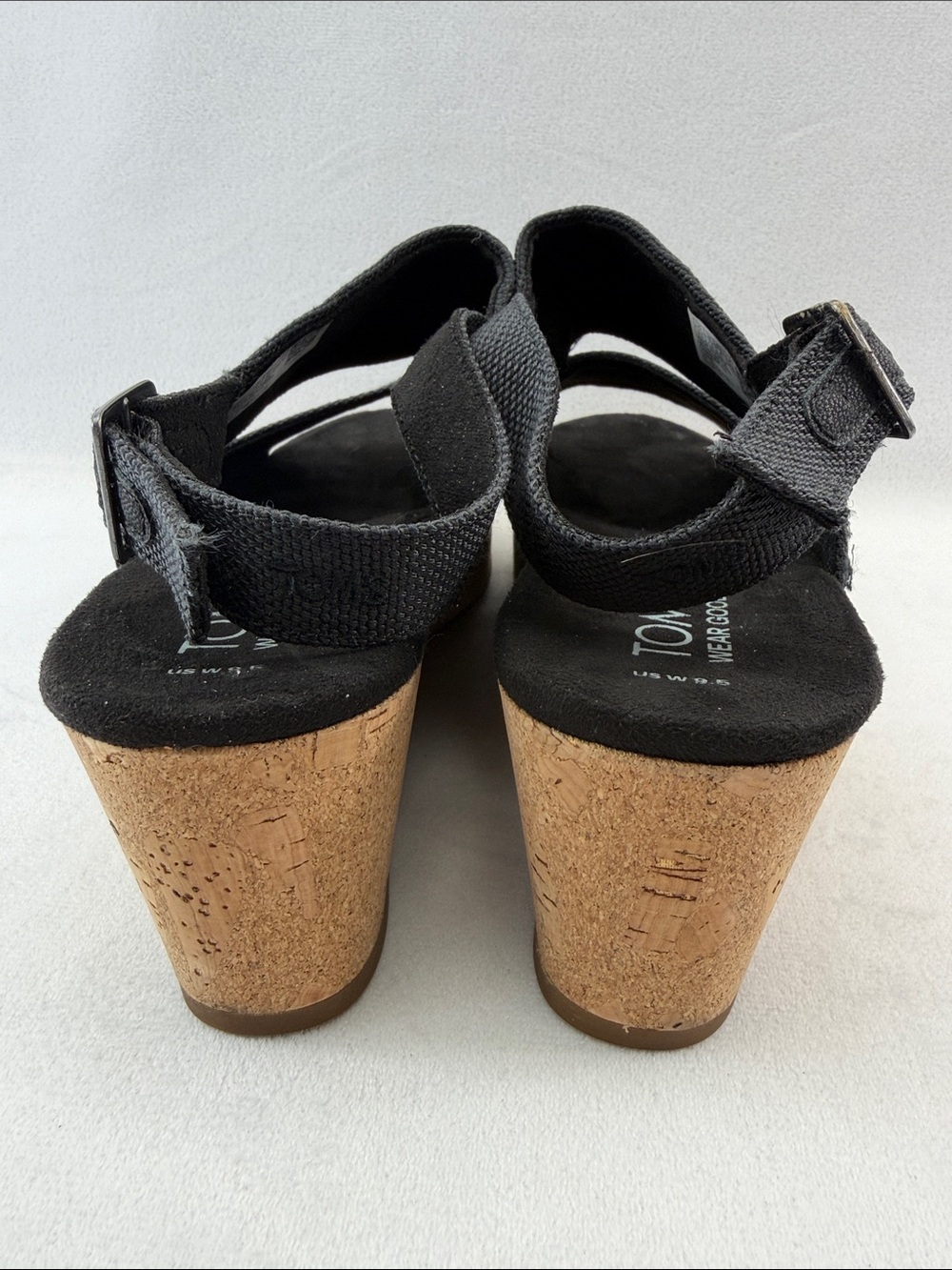 Women’s Black Fabric Cork Wedge Platform Sling Sandals Size 9.5W - Picture 4 of 7